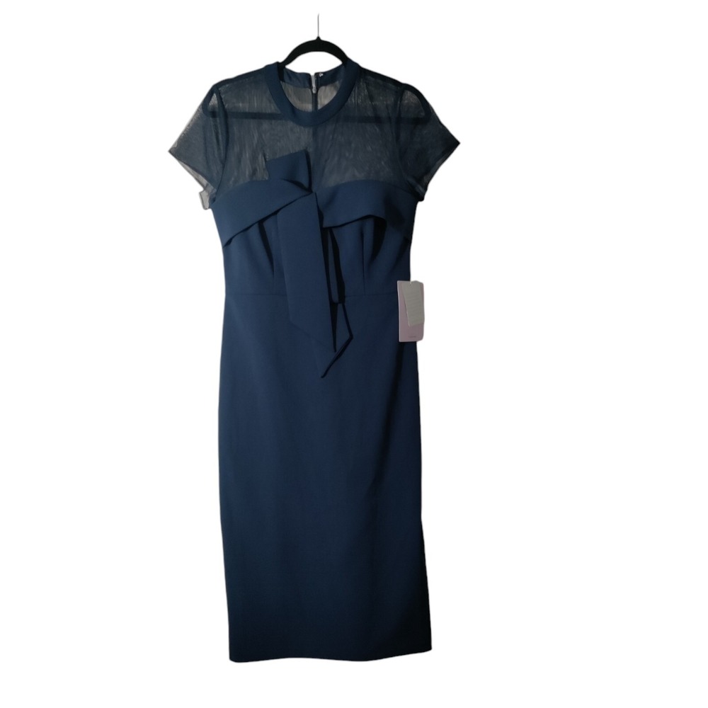 JS Collections Women Blue Mesh Yoke Bow Sheath Midi Dress  Sz 10